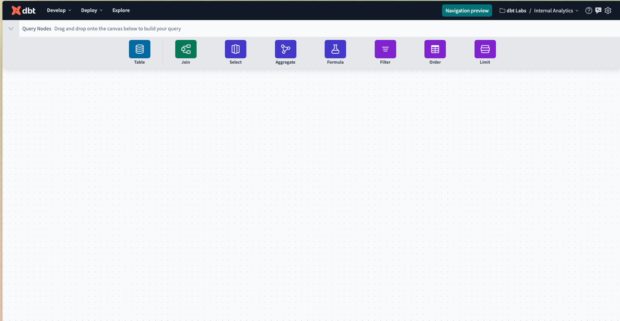 The operator toolbar allows you to select different nodes to configure or perform specific tasks, like adding filters or joining models.